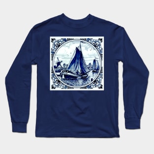 Dutch Blue Delft Windmills and Sailboats Print Long Sleeve T-Shirt